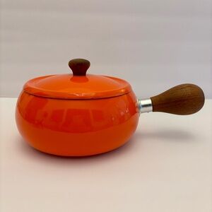 Fondue Pot Vintage 1960’s Vibrant Orange wood handles MCM